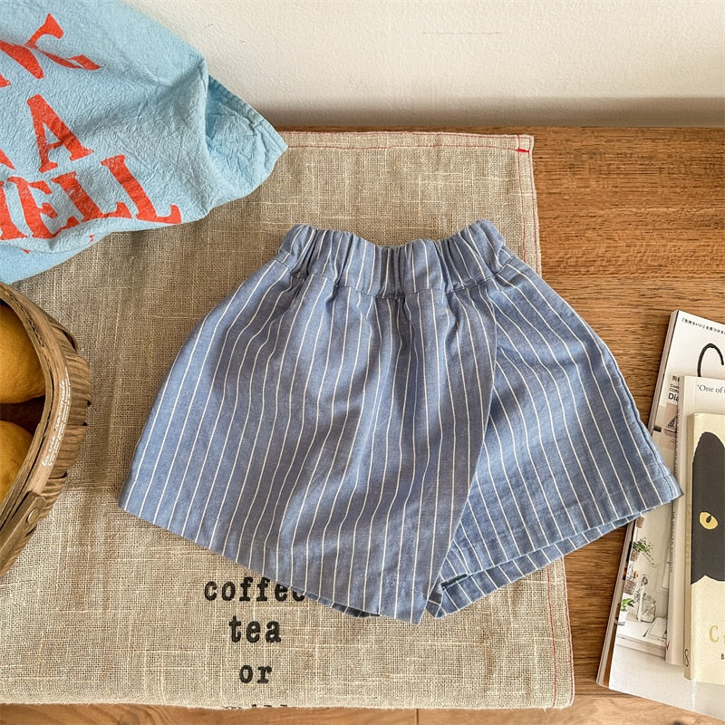 -キッズ ストライプ ラップ ショートパンツ ベージュ ブルー ガールズ - mamahalo shop - ハーフパンツ・ショートパンツ -  べビー服 - 子供服 - 男の子 - 女の子