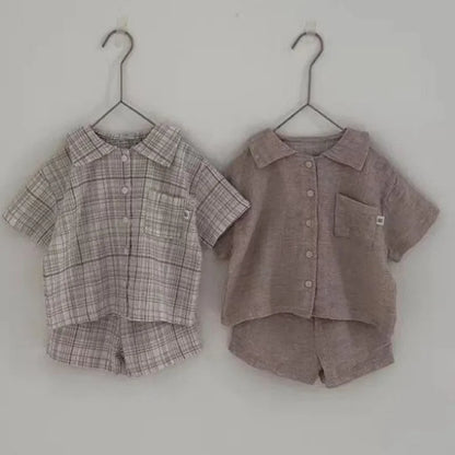 -キッズセットアップ 2点セット 半袖シャツ+ショートパンツ レトロ 無地/チェック 2カラー【mh0005461】 - mamahalo shop - 半袖セットアップ -  べビー服 - 子供服 - 男の子 - 女の子