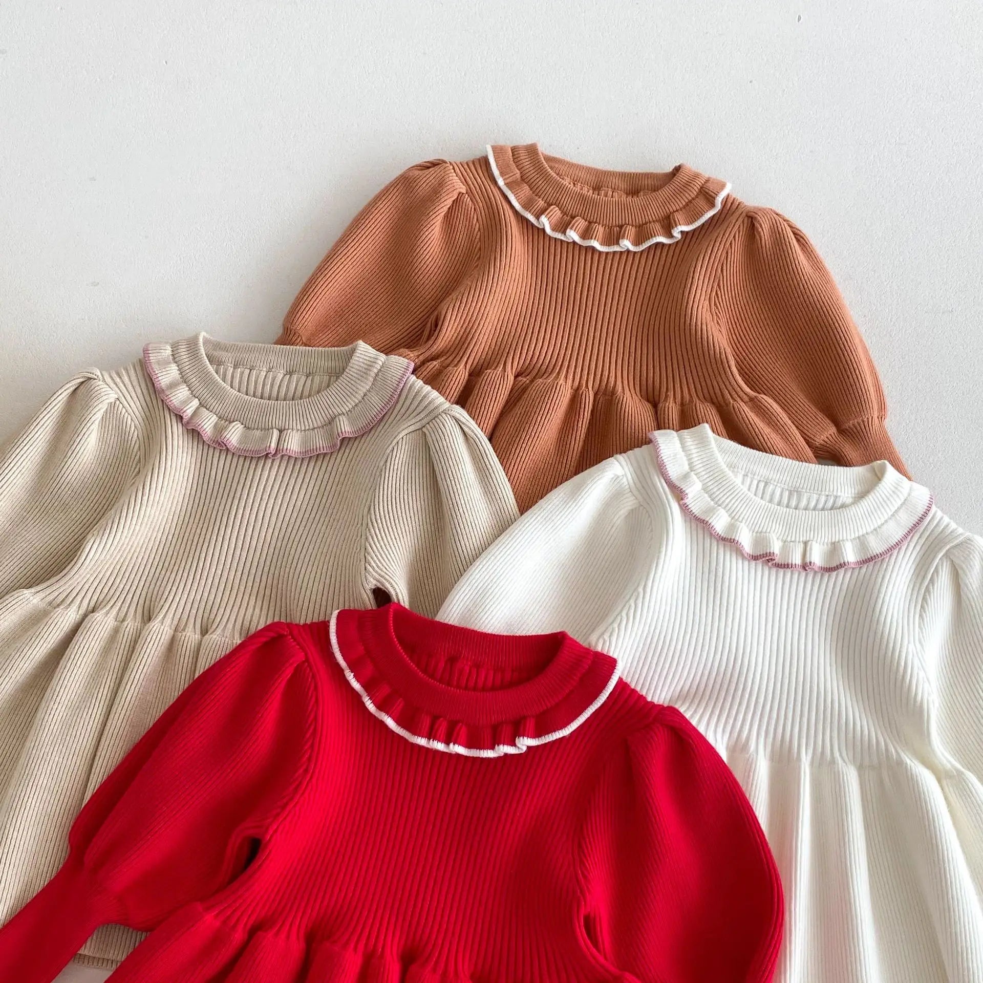 -キッズワンピース ニット 長袖パフスリーブワンピース 4カラー【mh0006628】 - mamahalo shop - 長袖ワンピース -  べビー服 - 子供服 - 男の子 - 女の子