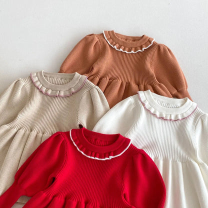 -キッズワンピース ニット 長袖パフスリーブワンピース 4カラー【mh0006628】 - mamahalo shop - 長袖ワンピース -  べビー服 - 子供服 - 男の子 - 女の子