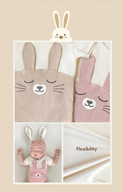 -ベビー うさぎ うさ耳 バニー ドッキング 半袖 ロンパース 耳帽子 セット ピンク アプリコット ユニセックス【mh0001994】 - mamahalo shop - 半袖ロンパース -  べビー服 - 子供服 - 男の子 - 女の子