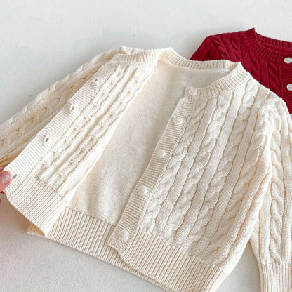 -キッズカーディガン 丸首ニットジャケット アランニット ケーブル編み 2カラー【mh0006657】 - mamahalo shop - カーディガン・パーカー -  べビー服 - 子供服 - 男の子 - 女の子