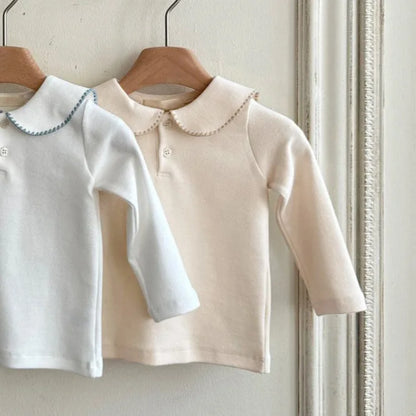 -ベビートップス 縁取り丸襟長袖Tシャツブラウス 2カラー - mamahalo shop - 長袖シャツ・ブラウス -  べビー服 - 子供服 - 男の子 - 女の子