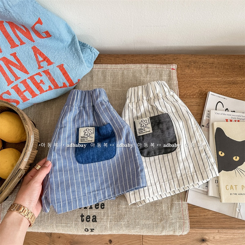 -キッズ ストライプ ラップ ショートパンツ ベージュ ブルー ガールズ - mamahalo shop - ハーフパンツ・ショートパンツ -  べビー服 - 子供服 - 男の子 - 女の子