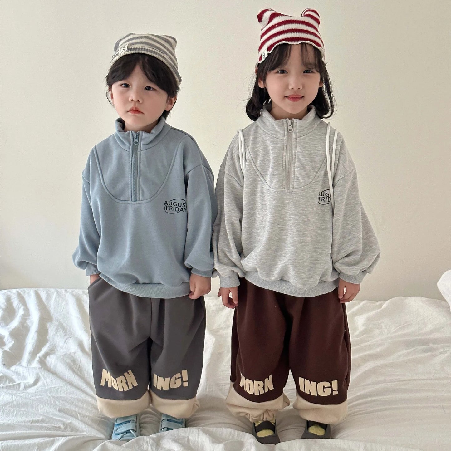 -キッズトップス ハーフジップ スウェットシャツ レターロゴ刺繍 2カラー - mamahalo shop - トレーナー・フーディ -  べビー服 - 子供服 - 男の子 - 女の子