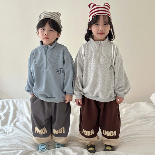 -キッズトップス ハーフジップ スウェットシャツ レターロゴ刺繍 2カラー - mamahalo shop - トレーナー・フーディ -  べビー服 - 子供服 - 男の子 - 女の子