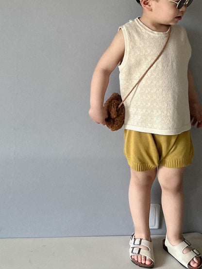 -キッズ レースニット 透け感 タンクトップ ベスト トップス キャメル ベージュ グリーン ユニセックス【mh0002077】 - mamahalo shop - タンクトップ・キャミソール・ノースリーブトップス -  べビー服 - 子供服 - 男の子 - 女の子