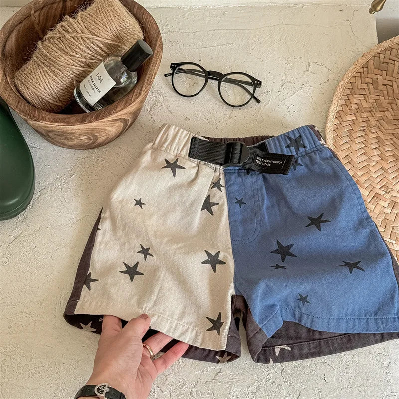 -キッズパンツ 星スタープリント バイカラー パッチワーク ショートパンツ 2カラー【mh0005440】 - mamahalo shop - ハーフパンツ・ショートパンツ -  べビー服 - 子供服 - 男の子 - 女の子