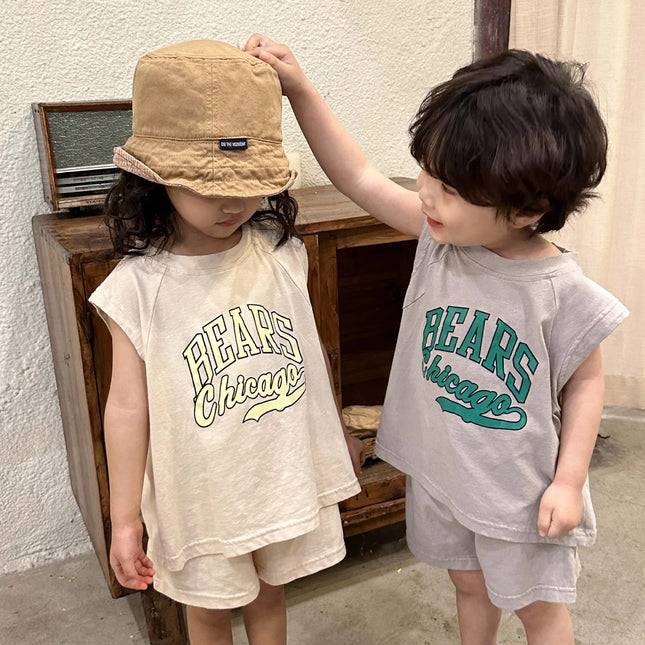 キッズセットアップ 2点セット ノースリーブTシャツ+ショートパンツ レターロゴプリント 2カラー - mamahalo shop - ノースリーブセットアップ - ベビー服 - 子供服 - 男の子 - 女の子