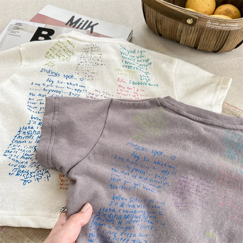 -キッズトップス 半袖Tシャツ カラフルレター ベアくまお絵描きプリント 2カラー - mamahalo shop - 半袖Tシャツ -  べビー服 - 子供服 - 男の子 - 女の子