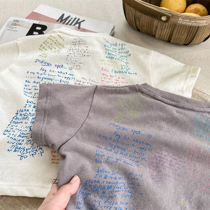 -キッズトップス 半袖Tシャツ カラフルレター ベアくまお絵描きプリント 2カラー - mamahalo shop - 半袖Tシャツ -  べビー服 - 子供服 - 男の子 - 女の子