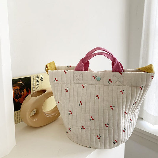 -キルティング フラワー 刺繍 さくらんぼ トートバッグ メッセンジャー ママバッグ - mamahalo shop - マザーズバッグ -  べビー服 - 子供服 - 男の子 - 女の子