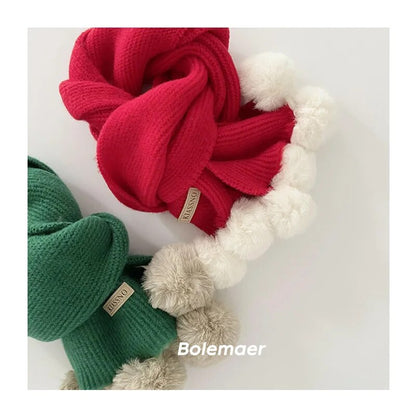 -キッズマフラー スカーフ ニット ぽんぽん付き ネックウォーマー 9カラー ガールズ 女の子 子供服 - mamahalo shop - ネックウォーマー -  べビー服 - 子供服 - 男の子 - 女の子