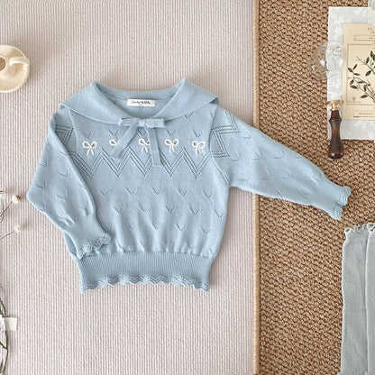 -ベビーキッズトップス ニット セーター セーラーカラー リボン刺繍 ブルー/ベージュ/2カラー【mh0004506】 - mamahalo shop - ニット・セーター -  べビー服 - 子供服 - 男の子 - 女の子