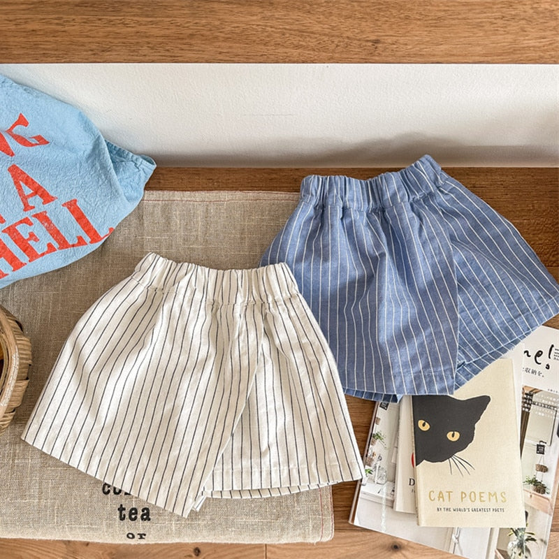 -キッズ ストライプ ラップ ショートパンツ ベージュ ブルー ガールズ - mamahalo shop - ハーフパンツ・ショートパンツ -  べビー服 - 子供服 - 男の子 - 女の子