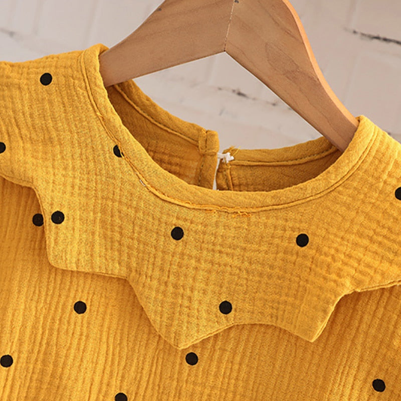 -ベビー キッズ セットアップ 水玉 ドット フリルカラー 長袖 ブラウス シャツ デニム オーバーオール ロンパース イエロー ホワイト ガールズ - mamahalo shop - 長袖セットアップ -  べビー服 - 子供服 - 男の子 - 女の子