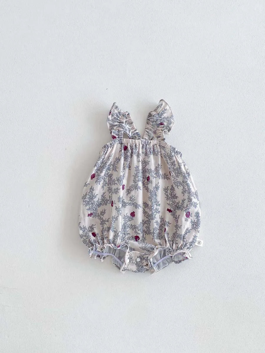 -ベビーロンパース フリルサスペンダーボディスーツ フラワー花柄プリント【mh0006193】 - mamahalo shop - ノースリーブロンパース -  べビー服 - 子供服 - 男の子 - 女の子