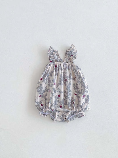 -ベビーロンパース フリルサスペンダーボディスーツ フラワー花柄プリント【mh0006193】 - mamahalo shop - ノースリーブロンパース -  べビー服 - 子供服 - 男の子 - 女の子