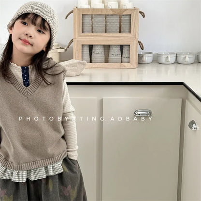 -キッズベスト ニットVネックベスト チェックプリーツペプラム 2カラー - mamahalo shop - ベスト -  べビー服 - 子供服 - 男の子 - 女の子