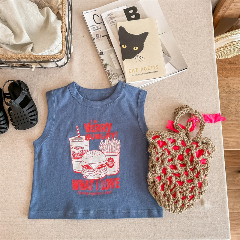 -キッズ レターロゴ プリント タンクトップ ノースリーブ Tシャツ カーキ ブルー ピンク ユニセックス【mh0002050】 - mamahalo shop - タンクトップ・キャミソール・ノースリーブトップス -  べビー服 - 子供服 - 男の子 - 女の子