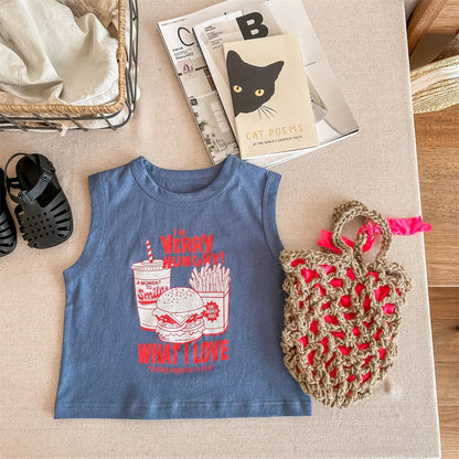 -キッズ レターロゴ プリント タンクトップ ノースリーブ Tシャツ カーキ ブルー ピンク ユニセックス【mh0002050】 - mamahalo shop - タンクトップ・キャミソール・ノースリーブトップス -  べビー服 - 子供服 - 男の子 - 女の子