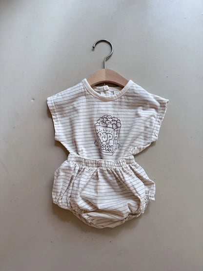 -ベビーセットアップ 2点セット 半袖Tシャツ+ブルマパンツ ボーダー ポップコーンプリント 2カラー【mh0005940】 - mamahalo shop - 半袖セットアップ -  べビー服 - 子供服 - 男の子 - 女の子