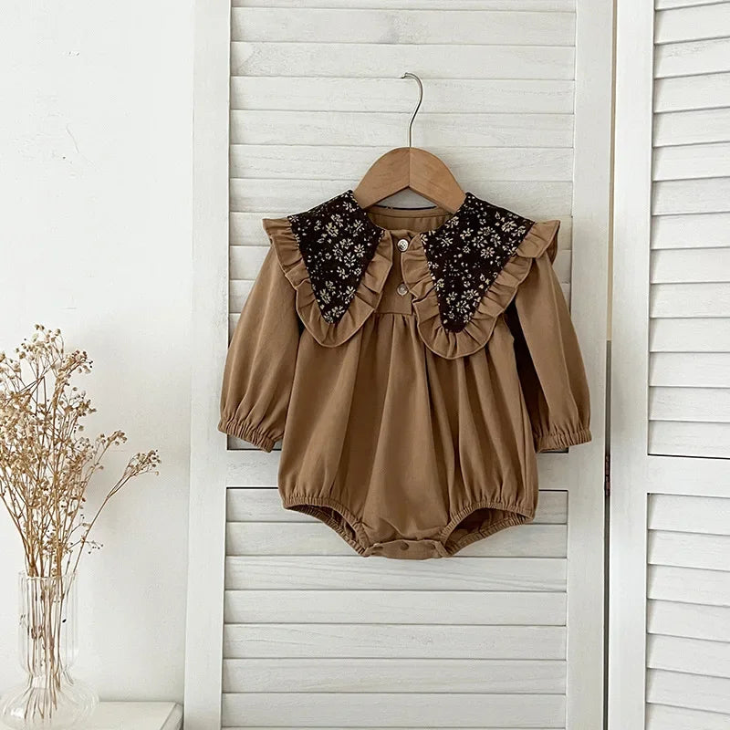 -ベビーロンパース/キッズワンピース レトロフラワービッグ襟長袖パフスリーブボディスーツ/ワンピース リンクコーデ 姉妹 お揃いコーデ - mamahalo shop - 長袖ロンパース -  べビー服 - 子供服 - 男の子 - 女の子