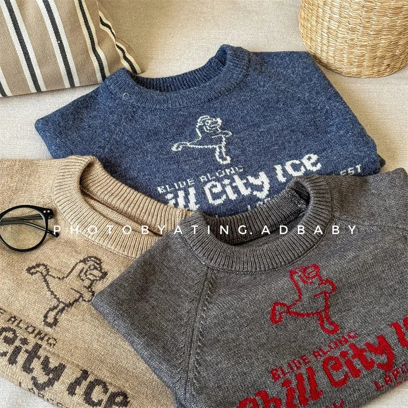-キッズトップス ニットセーター アイススケート レターロゴ 3カラー - mamahalo shop - ニット・セーター -  べビー服 - 子供服 - 男の子 - 女の子