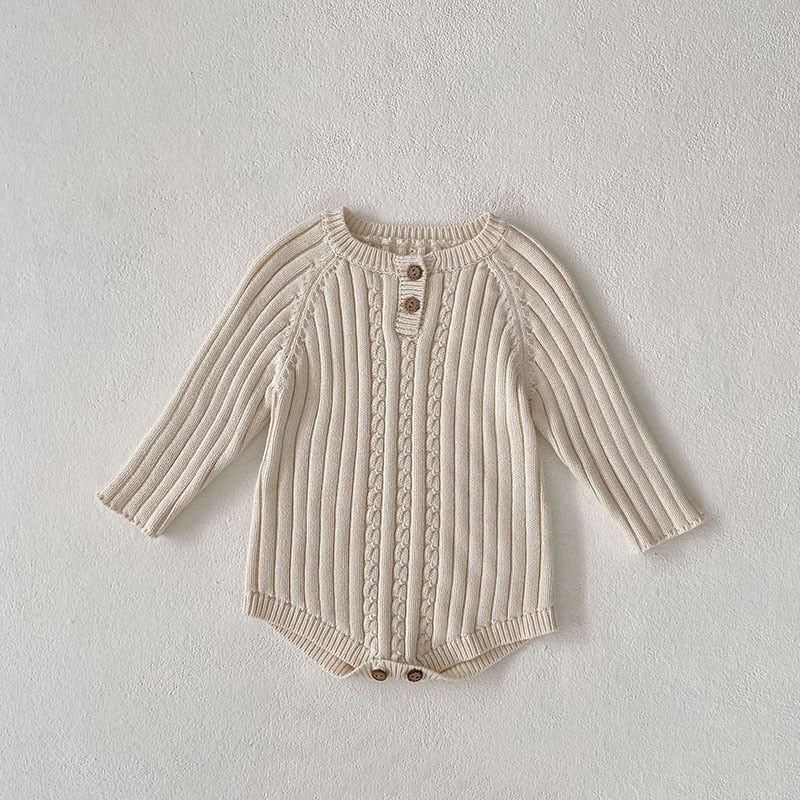 -ベビー服 長袖 ロンパース ニット ケーブル編み アランニット ホワイト 白 女の子 - mamahalo shop - 長袖ロンパース -  べビー服 - 子供服 - 男の子 - 女の子