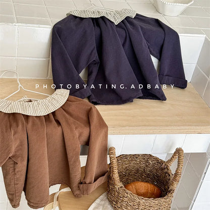 -キッズトップス ストライプサークル襟 長袖ブラウス シャツ 2カラー - mamahalo shop - 長袖シャツ・ブラウス -  べビー服 - 子供服 - 男の子 - 女の子