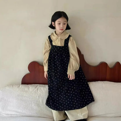 -キッズトップス/ワンピース フリル丸襟シャツブラウス/フラワープリントサスペンダーワンピース【mh0007421】 - mamahalo shop - 長袖セットアップ -  べビー服 - 子供服 - 男の子 - 女の子