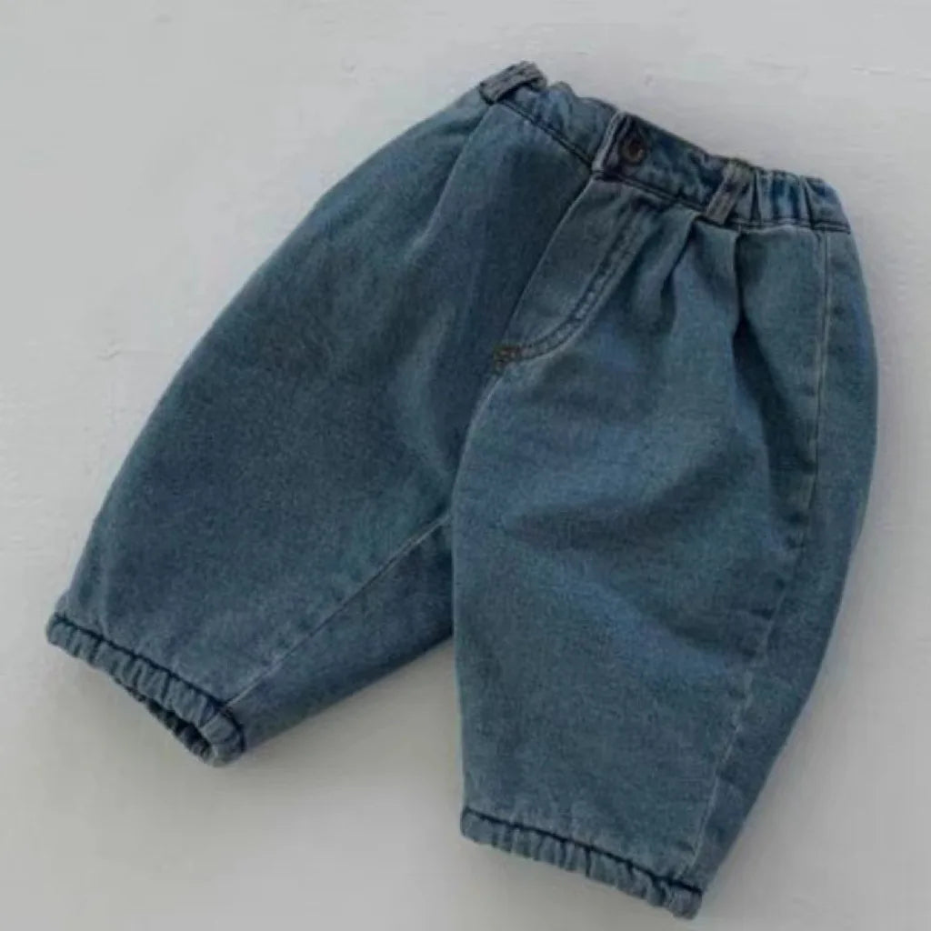 -ベビーパンツ 裏ボアフリースパンツ デニムカラー スマイルプリント 暖パン ブラック ブルー 2カラー ボーイズ 男の子 子供服 - mamahalo shop - ロングパンツ・スウェットパンツ -  べビー服 - 子供服 - 男の子 - 女の子