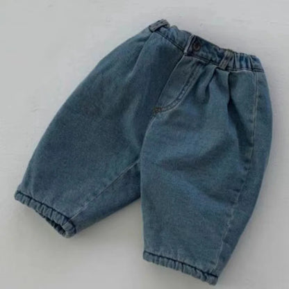 -ベビーパンツ 裏ボアフリースパンツ デニムカラー スマイルプリント 暖パン ブラック ブルー 2カラー ボーイズ 男の子 子供服 - mamahalo shop - ロングパンツ・スウェットパンツ -  べビー服 - 子供服 - 男の子 - 女の子