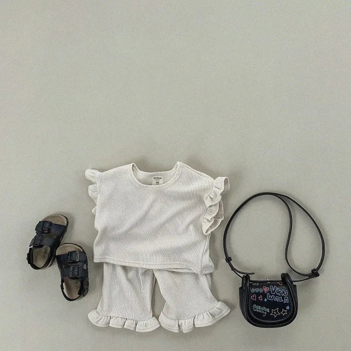 -キッズセットアップ 2点セット フリルスリーブTシャツ+裾フリルルーズロングパンツ 4カラー【mh0005388】 - mamahalo shop - 半袖セットアップ -  べビー服 - 子供服 - 男の子 - 女の子