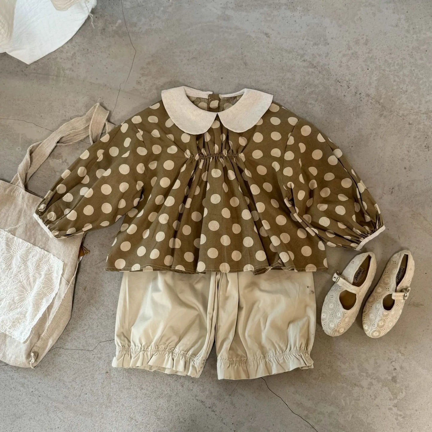 -キッズトップス/パンツ ポルカドット水玉プリント長袖チュニックブラウス/フリルワイドルーズパンツ - mamahalo shop - 長袖セットアップ -  べビー服 - 子供服 - 男の子 - 女の子