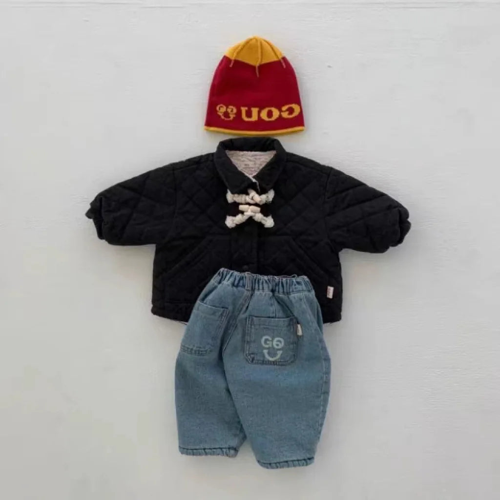 -ベビーパンツ 裏ボアフリースパンツ デニムカラー スマイルプリント 暖パン ブラック ブルー 2カラー ボーイズ 男の子 子供服 - mamahalo shop - ロングパンツ・スウェットパンツ -  べビー服 - 子供服 - 男の子 - 女の子