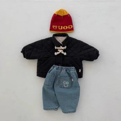 -ベビーパンツ 裏ボアフリースパンツ デニムカラー スマイルプリント 暖パン ブラック ブルー 2カラー ボーイズ 男の子 子供服 - mamahalo shop - ロングパンツ・スウェットパンツ -  べビー服 - 子供服 - 男の子 - 女の子