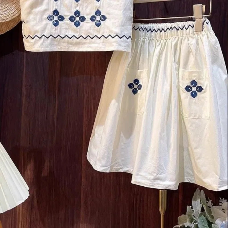 -キッズセットアップ 2点セット ノースリーブトップス+スカート 刺繍ステッチワンポイント【mh0006003】 - mamahalo shop - ノースリーブセットアップ -  べビー服 - 子供服 - 男の子 - 女の子