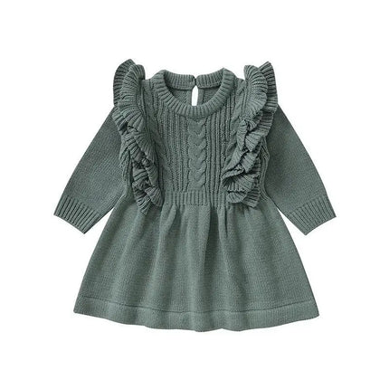 ベビーワンピース ショルダーフリルニット長袖ワンピース グリーン - mamahalo shop - 長袖ワンピース -  べビー服 - 子供服 - 男の子 - 女の子