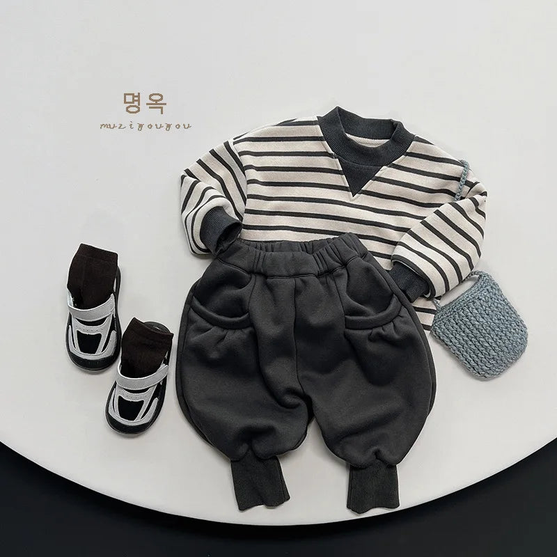 -キッズトップス ボーダー 裏フリーススウェットシャツ トレーナー - mamahalo shop - トレーナー・フーディ -  べビー服 - 子供服 - 男の子 - 女の子