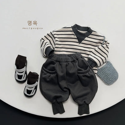 -キッズトップス ボーダー 裏フリーススウェットシャツ トレーナー - mamahalo shop - トレーナー・フーディ -  べビー服 - 子供服 - 男の子 - 女の子