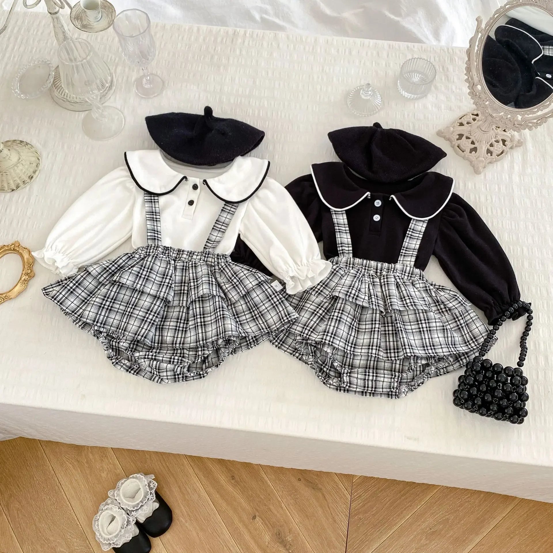 -ベビートップス/パンツ 丸襟長袖ブラウス/チェックサスペンダーフリルスカートブルマパンツ - mamahalo shop - 長袖セットアップ -  べビー服 - 子供服 - 男の子 - 女の子