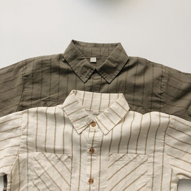 -キッズ コットンリネン ストライプ 半袖 シャツ ショートパンツ ベージュ アーミーグリーン ボーイズ【mh0002095】 - mamahalo shop - ハーフパンツ・ショートパンツ -  べビー服 - 子供服 - 男の子 - 女の子