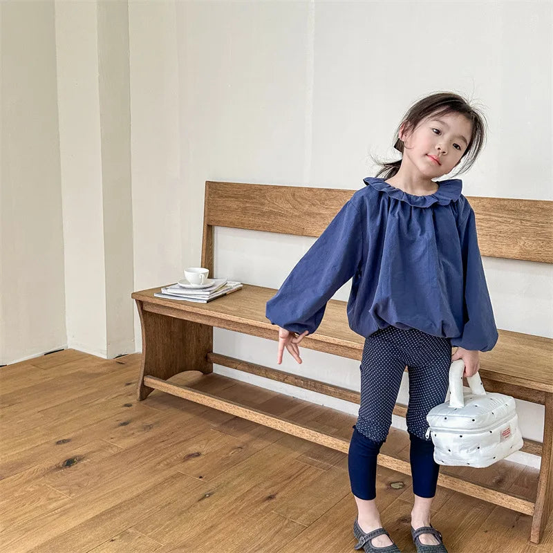 -キッズパンツ 水玉ドットプリントロールアップフリルレギンスパンツ 2カラー - mamahalo shop - レギンスパンツ -  べビー服 - 子供服 - 男の子 - 女の子