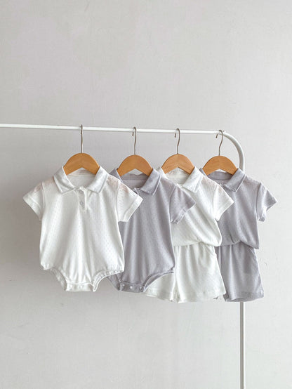 -ベビーロンパース/セットアップ 2点セット 半袖ポロシャツボディスーツ/半袖ポロシャツ+ショートパンツ 2カラー【mh0005459】 - mamahalo shop - 半袖セットアップ -  べビー服 - 子供服 - 男の子 - 女の子
