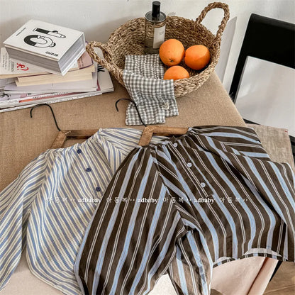 -キッズトップス ストライプ 長袖シャツ チュニックブラウス コーヒー/ベージュ/2カラー - mamahalo shop - 長袖シャツ・ブラウス -  べビー服 - 子供服 - 男の子 - 女の子