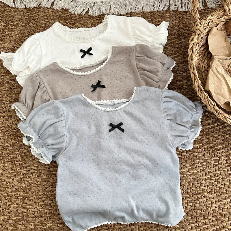 -キッズトップス 半袖パフスリーブカットソー ブラウス レースニット 3カラー - mamahalo shop - 半袖Tシャツ -  べビー服 - 子供服 - 男の子 - 女の子