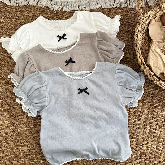 -キッズトップス 半袖パフスリーブカットソー ブラウス レースニット 3カラー - mamahalo shop - 半袖Tシャツ -  べビー服 - 子供服 - 男の子 - 女の子