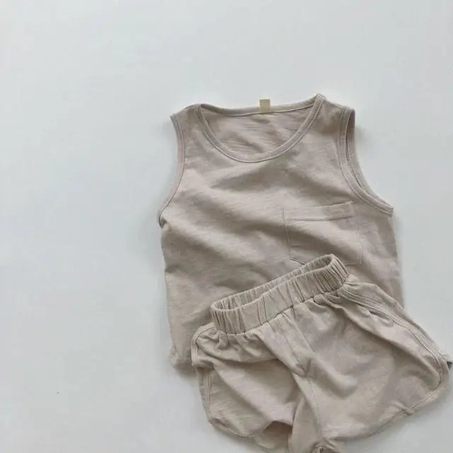 -キッズセットアップ 2点セット タンクトップ+ショートパンツ シンプルベーシック 4カラー【mh0004518】 - mamahalo shop - ノースリーブセットアップ -  べビー服 - 子供服 - 男の子 - 女の子