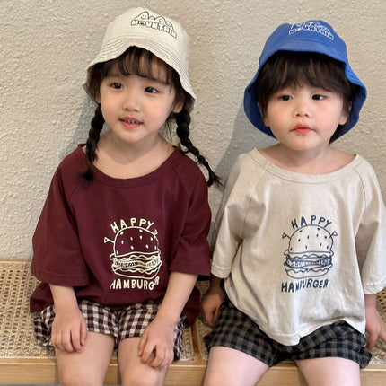 キッズ セットアップ ハンバーガー プリント 半袖 Tシャツ チェック ショートパンツ 2カラー ユニセックス - mamahalo shop - 半袖セットアップ - ベビー服 - 子供服 - 男の子 - 女の子